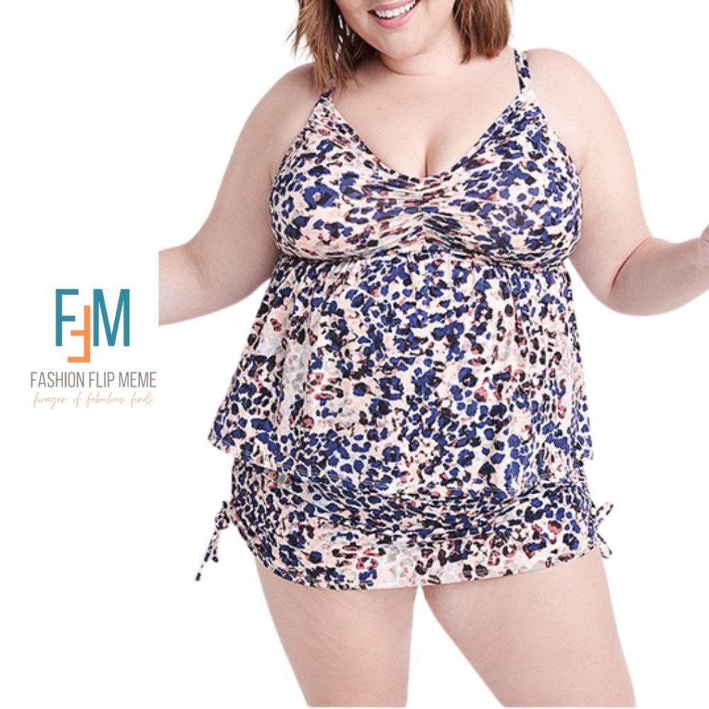 New! Ryllace Blue & Tan Print Tankini Swimsuit Set 18/20 UPF 50+ RARE FIND